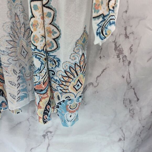 Chicos Cardigan Womens 3 XL White Blue Sweater Lightweight Ruched Sleeve Artsy - Picture 4 of 12